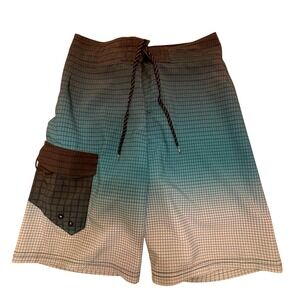 Ocean Current Swim Trunks Board Shorts Ombre‎ Plaid Pocket Drawstring Size 28